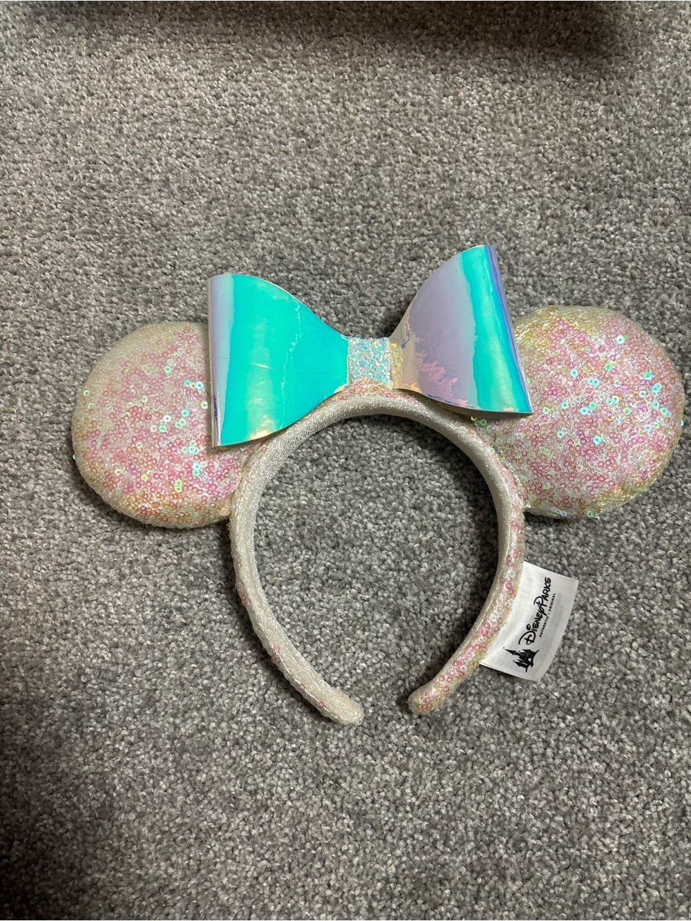Disneyland - Iridescent Teal Bow Pink Sequin Minnie Ears Headband